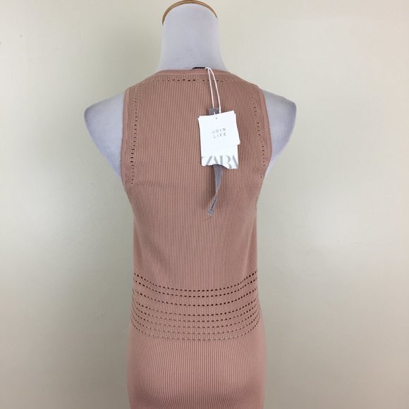 NWT ZARA Limitless Contour Collection Taupe Perforated High Neck Fitted Dress - Picture 12 of 12